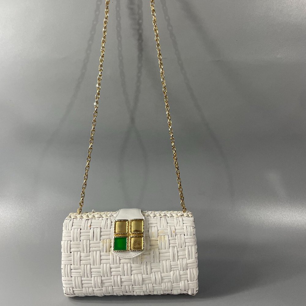 RODO White Rattan Clutch/Handbag with Lucite Stones